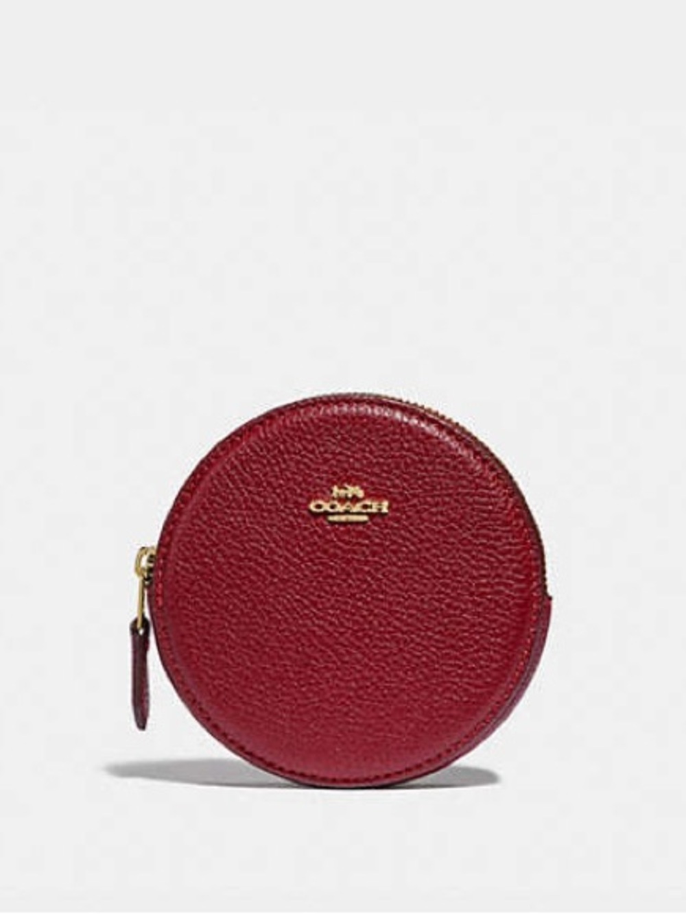 Coach Round Pebbled Leather Coin Pouch Case — Deep Red Gold Hardware